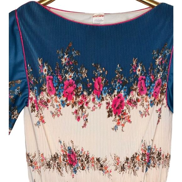Vintage 70s Piccolo Size 4 Floral Dress Plisse Bodice Cotton Blend Disco - Picture 2 of 8